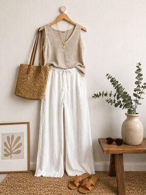 RW&CO Wide Leg Cotton Pants White Sz Large Beachy Boho Coastal Travel Vacation